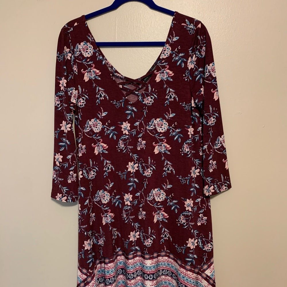 Purple mid length dress with long sleeves